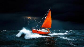 Dramatic Sailboat Navigating Stormy Seas Under a Lightning Charged Sky photo