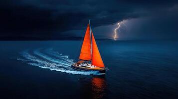 Dramatic Sailboat Sailing Through Dark Ocean Storm Lightning Strikes photo