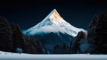 Majestic Winter Mountain Peak Snow Covered Trees Dramatic Sky photo