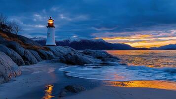 Serene Seascape Lighthouse at Sunset Rocky Coastline Dramatic Sky photo