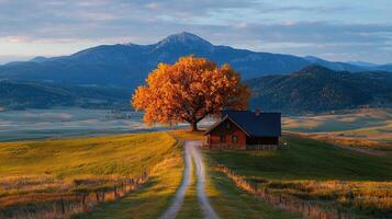 Autumnal Landscape Rustic Cabin Golden Tree Mountain View Scenic Road photo