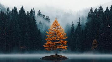 Solitary Golden Larch Tree on Misty Lake in Autumnal Forest Landscape Photography photo