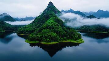 Serene Mountain Lake Landscape Misty Peak Lush Forest and Tranquil Waters Reflection photo