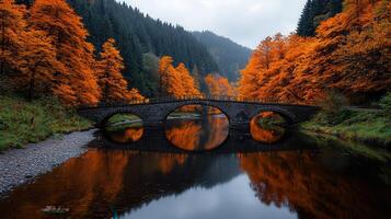 Serene Autumn Landscape Stone Arch Bridge Reflecting in Calm River Surrounded by Vibrant Fall photo