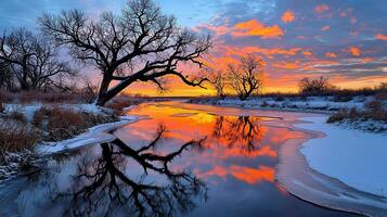 Stunning Winter Sunrise over Frozen River with Silhouetted Trees Reflecting in Calm Water photo