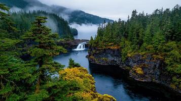 Majestic Waterfall Cascading Through Lush Evergreen Forest in Misty Mountain Landscape photo