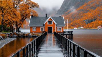 Scenic Orange House on Lake with Autumn Foliage Wooden Dock and Misty Mountains photo