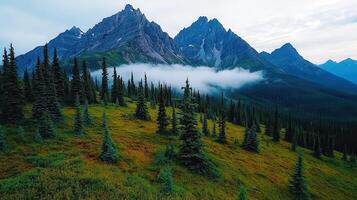 Majestic Mountain Range with Fog Evergreen Trees and Lush Alpine Meadow Landscape Photography photo