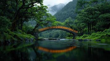 Serene Stone Arch Bridge Over Calm River in Lush Green Forest Landscape photo