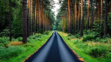 Serene Asphalt Road Winding Through Lush Green Pine Forest photo