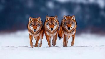 Majestic Trio of Wolves Walking in Winter Snow Wild Canids in Snowy Landscape photo
