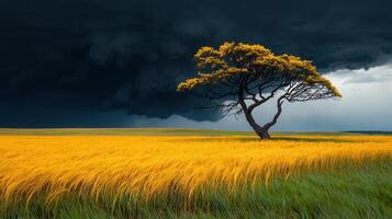 Dramatic Storm Clouds over Golden Field with Solitary Yellow Blossom Tree photo