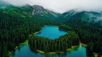 Serene Heart Shaped Lake Nestled in Lush Evergreen Forest Mountain View photo