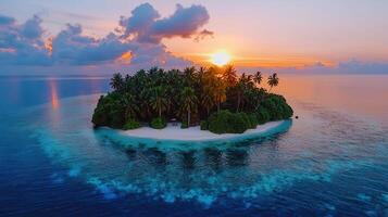 Stunning Tropical Island Sunset Aerial View Palm Trees Ocean Beach Paradise photo