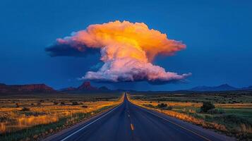 Dramatic Sunset Landscape Highway Through Desert with Massive Illuminated Cloud Formation photo
