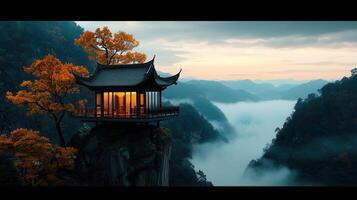 Serene Asian Pavilion Perched on Clifftop Over Misty Mountains at Sunrise photo