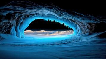 Stunning Glacial Ice Cave Entrance with Winter Landscape View photo