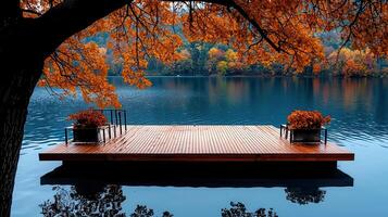 Serene Autumn Lake View Wooden Dock Colorful Fall Foliage Tranquil Water photo