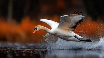 Majestic Whooper Swan Taking Flight Water Splash Autumnal Background photo