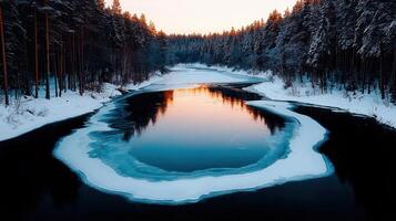Serene Winter River Landscape Frozen Banks Sunset Reflection Snow Covered Trees photo