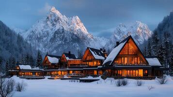 Luxurious A Frame Mountain Lodge in Snowy Winter Landscape Illuminated at Dusk photo