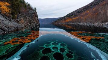 Stunning Autumnal Lake Landscape with Unique Underwater Rock Formations photo
