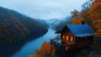 Secluded Log Cabin Overlooking Serene Autumn River Valley at Dusk photo