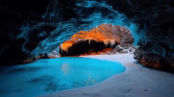 Stunning Turquoise Ice Cave with Icicles Winter Wonderland Frozen Lake photo