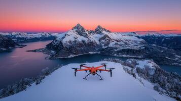 Aerial Drone Photography Stunning Winter Mountain Landscape at Sunset photo