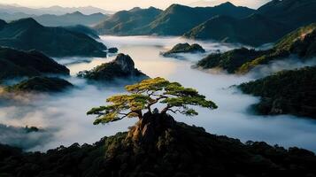 Majestic Lone Tree on Mountaintop above Misty Valley Landscape photo