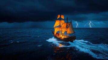 Dramatic Night Scene Sailing Ship in Stormy Ocean with Lightning photo