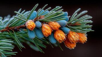 Frost Covered Pine Branch with Vibrant Orange and Teal Cones Close Up Winter Nature Photography photo