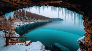 Stunning Winter Landscape Turquoise Lake Viewed from Icy Cave Overhang photo