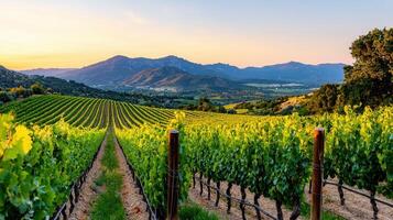 Scenic Vineyard Landscape at Sunset Rolling Hills Grapevines and Mountain Views photo
