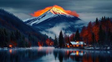 Majestic Sunset Mountain Landscape Snow capped Peak Autumn Trees Lakeside Cabin photo