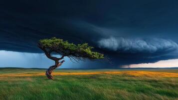 Lone Tree on Prairie Under Dramatic Storm Clouds Nature Landscape Weather Photography photo