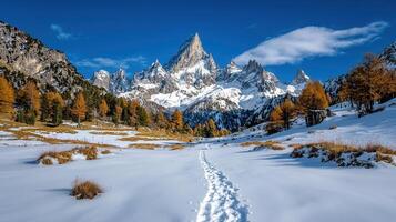 Majestic Winter Mountain Landscape Snow Covered Path Leading to Peak photo