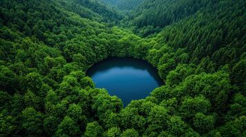 Aerial View of Serene Hidden Lake Surrounded by Lush Green Forest Canopy photo