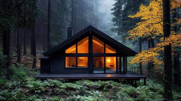 Modern Black Cabin in Autumn Forest Illuminated Windows Cozy Retreat photo