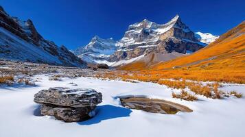 Majestic Alpine Mountain Range Autumnal Meadow Snow Rocks Scenic View photo