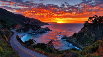 Scenic Coastal Highway Sunset Dramatic Ocean View Winding Road Vibrant Sky photo