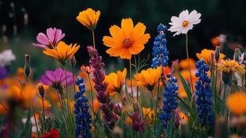 Vibrant Wildflower Meadow Colorful Cosmos Lupines and Spring Blooms photo