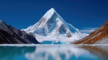 Majestic Snow Capped Mountain Peak Reflected in a Glacial Lake photo