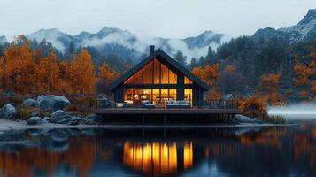 Modern Lakeside Cabin in Autumnal Forest Mountain View Cozy Interior Lighting photo