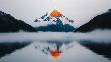 Majestic Mountain Peak Reflected in Misty Lake at Sunrise Stunning Nature Scenery photo