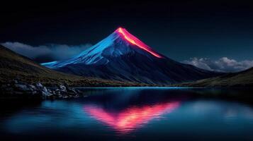 Night Landscape Glowing Volcano Peak Reflecting in a Still Lake photo