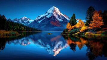 Stunning Autumnal Lake Reflection of Majestic Snow Capped Mountains at Night photo