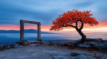 Serene Autumn Sunrise Red Tree by Ancient Ruins Archway over Misty Mountains photo