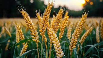 Golden Wheat Field at Sunset Close up of Ripe Ears of Grain photo