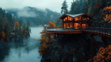 Stunning Modern Cabin on Cliff Overlooking Misty River Valley in Autumn photo
